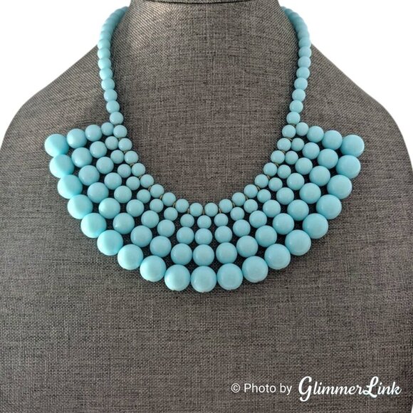J. Crew Aqua Blue Graduated Ball Beaded Bib Necklace - Picture 3 of 8